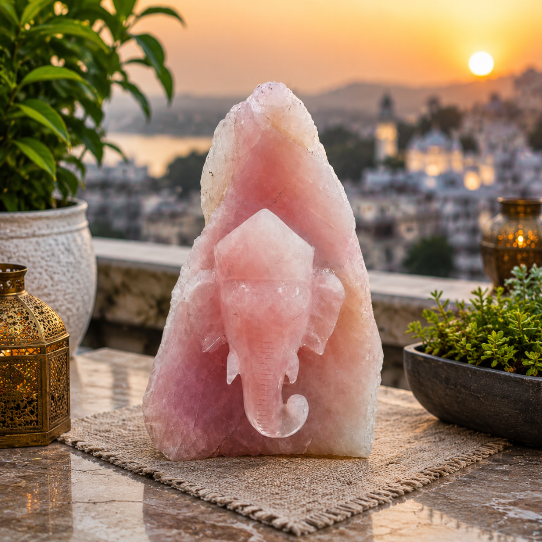 Rose Quartz Carved Lord Ganesha Face