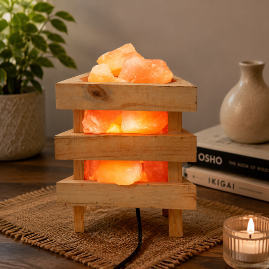 Wooden Triangle Rock Salt Lamp