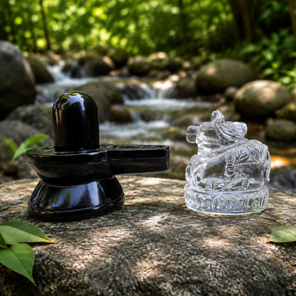 Black Tourmaline Shivling with Clear Quartz Nandi Ji