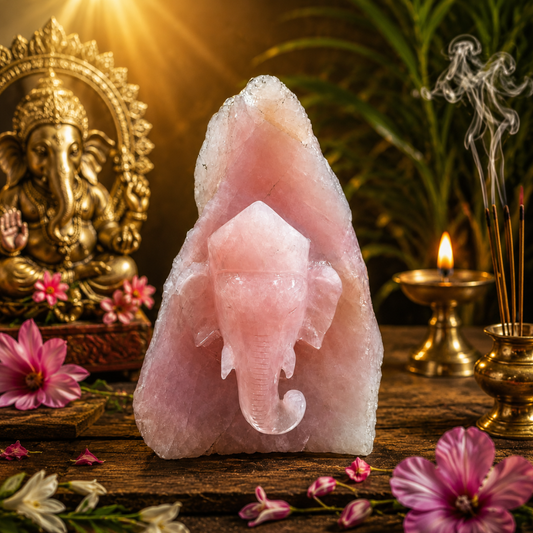 Rose Quartz Carved Lord Ganesha Face